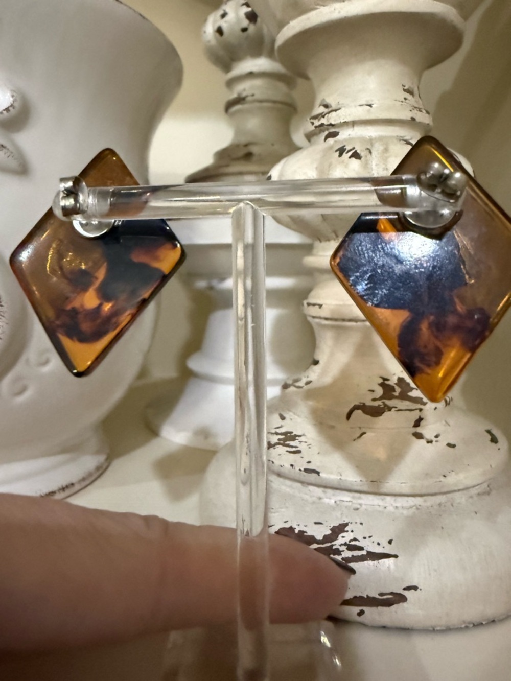 Vintage Plastic Tortoise Shell Diamond Shape Earrings with Gold Accents - Picture 9 of 9